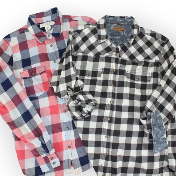 Large 2 Buffalo Check PearlSnapFlannel LOGG Collar ButtonUp Plaid Western - Picture 1 of 7